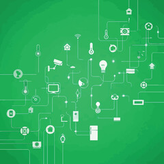 Fototapeta na wymiar Smart home technology devices connected on green background with network lines and icons in modern vector illustration
