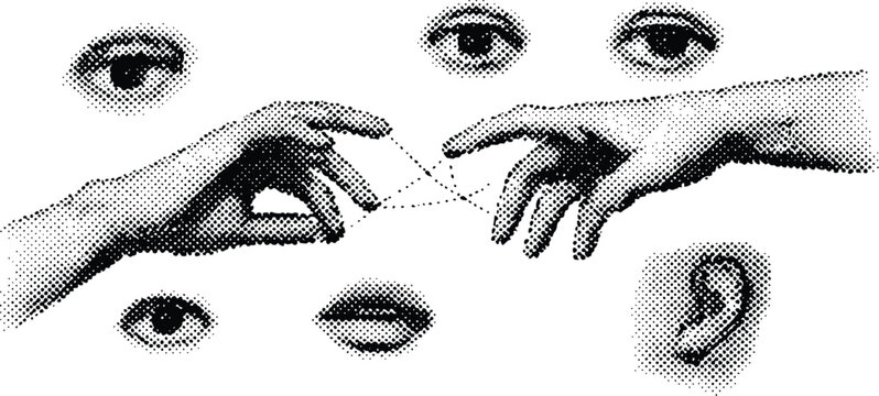 Human hands touching with string vector illustration featuring artistic body parts like eyes lips and ear in a vintage halftone style for modern graphic design