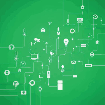 Smart home technology devices connected on green background with network lines and icons in modern vector illustration