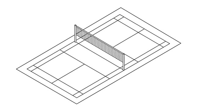 Isometric wireframe illustration of a table tennis court and net.