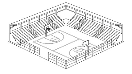 Isometric line drawing of an indoor basketball court with spectator stands and seating. © Santy