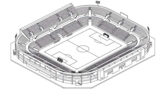 Isometric architectural rendering of a modern soccer stadium seating layout.