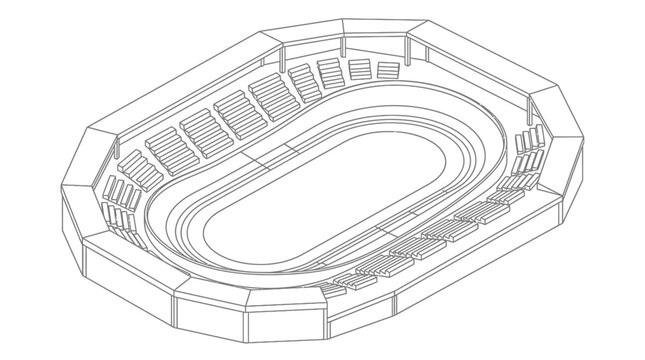 Isometric line drawing of an oval stadium architectural plan.