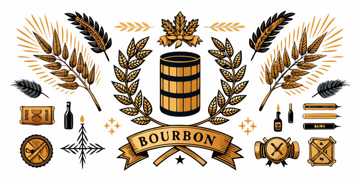 Vintage bourbon distillery and whiskey design elements, vector