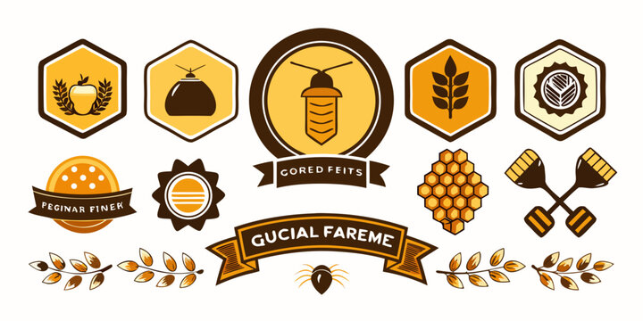Honey bee and beekeeping logo emblems set, vector