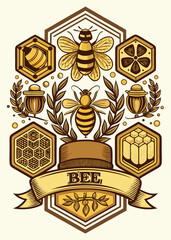 Obraz premium Bee and honeycomb vintage label design, vector
