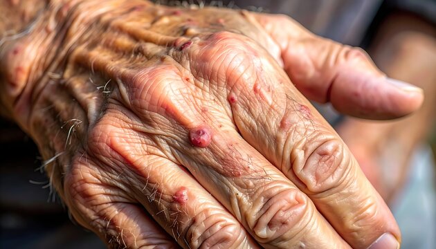 Close-up of aged hand showing cherry angiomas, wrinkles, and skin irregularities in detailed texture and color
