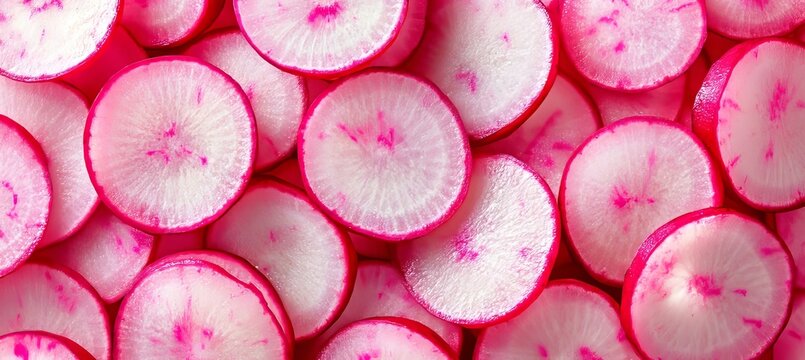 A vibrant flatlay of fresh radish slices arranged on a neutral background for culinary inspiration.