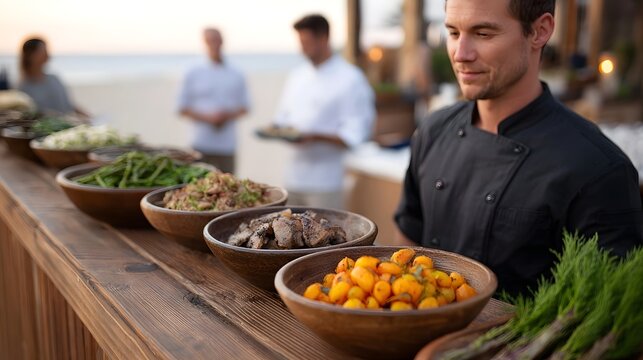 A professional chef presenting a vibrant assortment of fresh gourmet dishes on a rustic wooden table at an outdoor seaside dining setting
