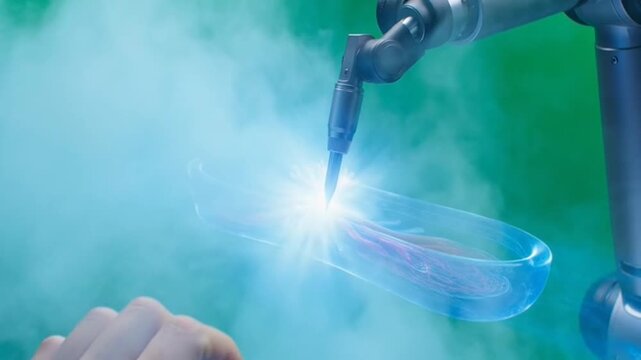 Robot arm welding a glowing object.