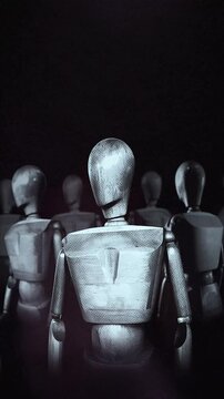 A group of faceless mannequins spinning on an endless loop in a stop motion style.

