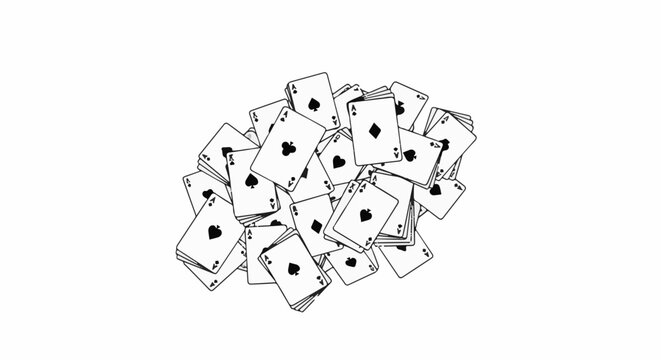 A chaotic pile of playing cards, mostly aces, scattered across white
