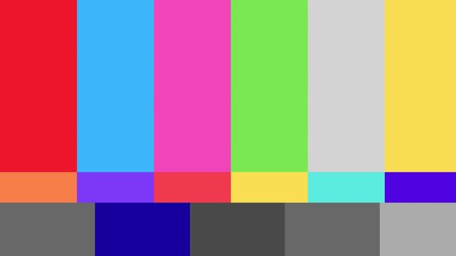 Colorful broadcast signal test pattern display featuring vibrant vertical and horizontal bars indicating technical transmission checks