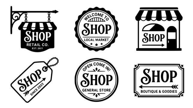 Set of six shop vector logos and labels design