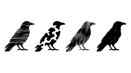 Obraz premium Four black birds in different vector illustration styles walking