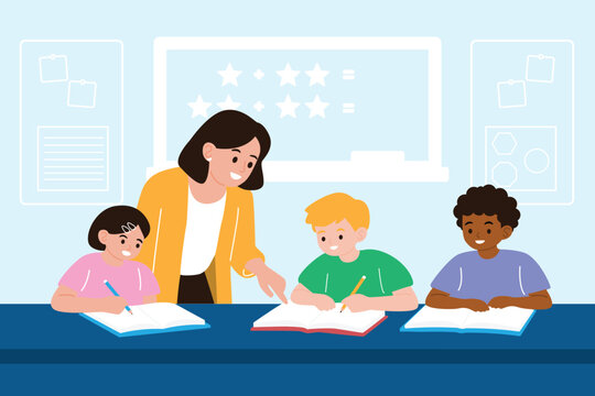 Smiling teacher helping diverse children with schoolwork in the classroom
