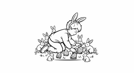 Fototapeta premium Young child with bunny ears kneels among bunnies and decorated eggs