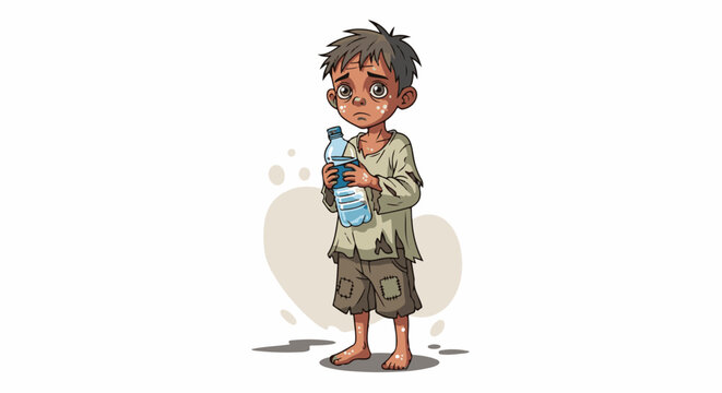 A solemn child in ragged clothes clutches a water bottle, conveying a sense of need