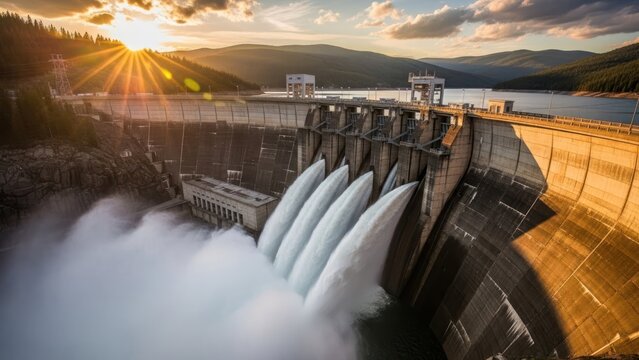 Massive hydroelectric power dam discharging water into a river at sunset