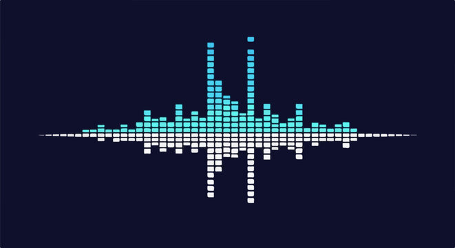 Digital equalizer bars with blue and white pixels on a dark background