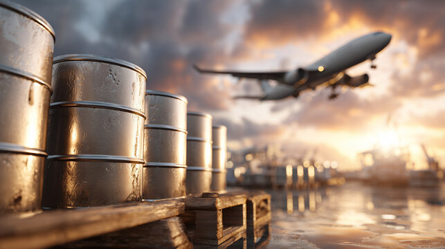 Cargo barrels sit on a dock as a plane takes off into the sky at sunset near the shipping yard
