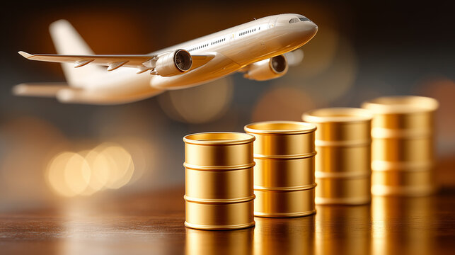 Model airplane flying over golden barrels in a business setting during evening hours