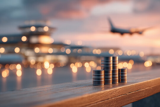 Stacked coins in foreground with airport and airplane in background during sunset in a busy travel scene