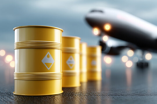 Yellow barrels line the runway near an airplane during the day as it prepares for departure to another location