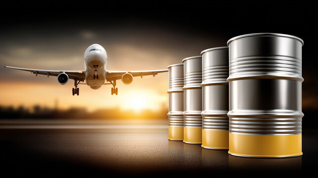 Plane flying over barrels of fuel at an airport during sunset in a busy urban area