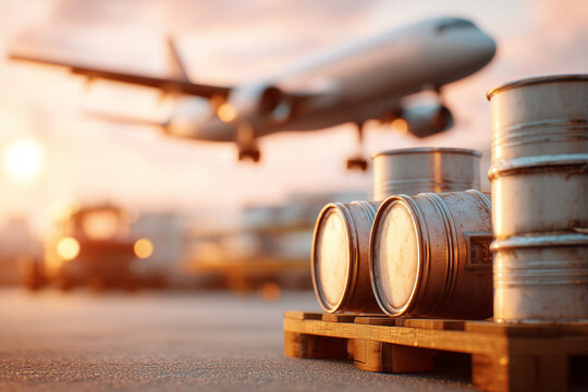 Cargo is prepared for loading at an airport while a plane takes off in the background during sunset