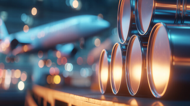 Cargo loading at an airport with barrels in focus and an airplane in the background during daytime operations