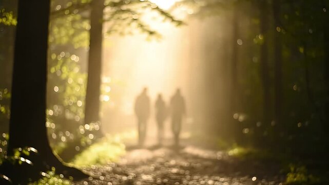 Three people walking on a sun-drenched forest path, silhouetted by bright light filtering through trees.