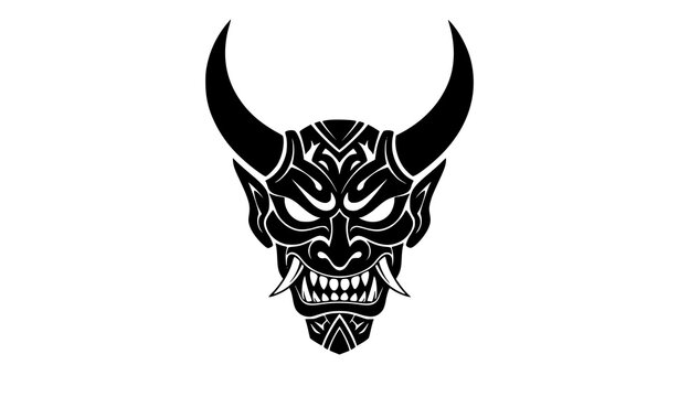 Black tribal demon mask silhouette vector with horns fierce face and bold graphic design