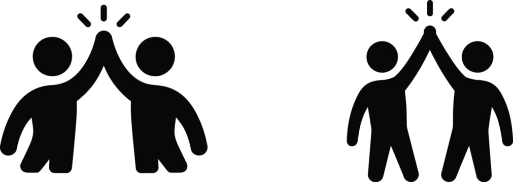 High five icon set with two people giving a celebratory gesture, simple black silhouette symbol for teamwork, collaboration, agreement, and success partnership vector illustration.