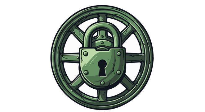 Green metal wheel with a locked padlock at its center