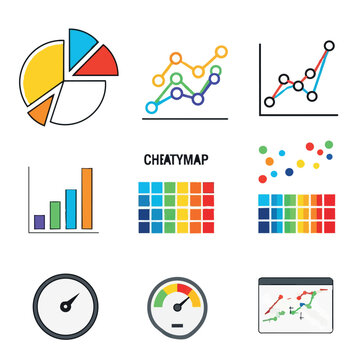 Colorful business data analysis icons with pie chart, line graphs, bar charts, cheat sheet and dashboard vector set