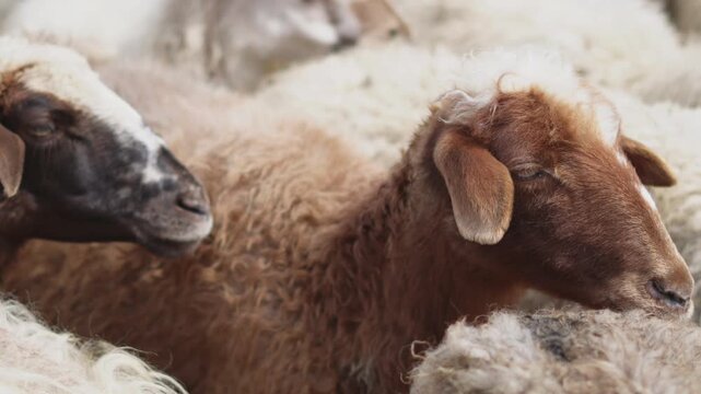 Group of sheep grazing in a field, close-up view of woolly coats