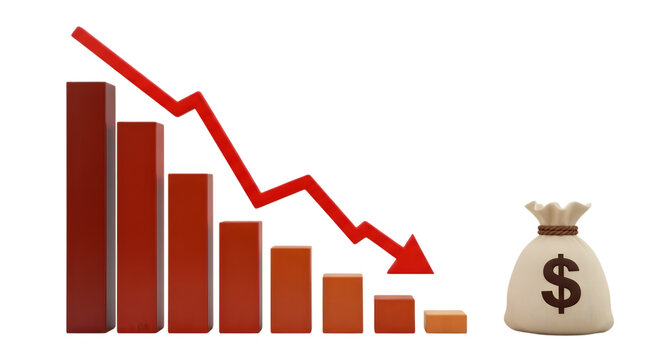 Financial downturn red arrow indicates declining market trends with money bag isolated on transparent background