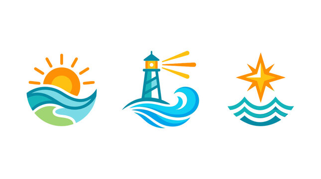 Coastal Logos Sun Lighthouse and Star with Waves