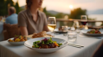 Naklejka premium Intimate outdoor dining scene at sunset featuring gourmet dishes and a beautiful waterfront view