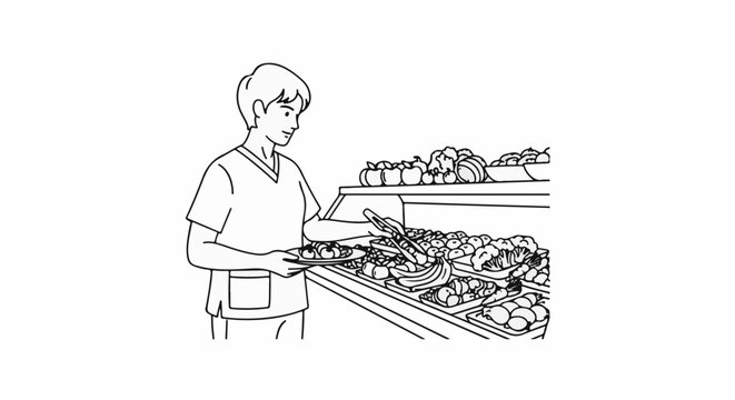 Person serving food from a buffet line with abundant fresh fruits and vegetables