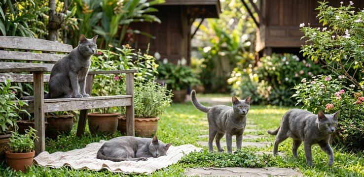 A charming group of Korat cats in a lush green garden setting, featuring one sitting on a wooden bench and others resting or walking in the grass.