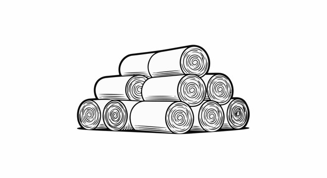 Stack of rolled hay bales in a monochrome sketch style