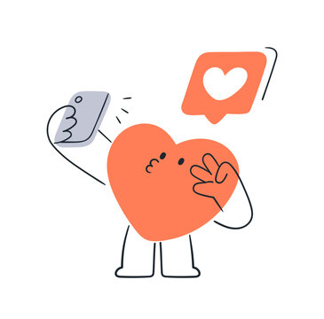 Heart character taking selfie with smartphone. Content creator, influencer and online like reactions from followers. Social media marketing. Flat vector illustration isolated on white background
