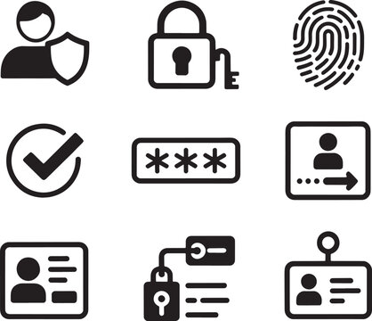 Authentication icons illustrating security measures like passwords, user IDs, and biometric scanning are presented in a grid designed for enhancing digital platform usability and safety features.