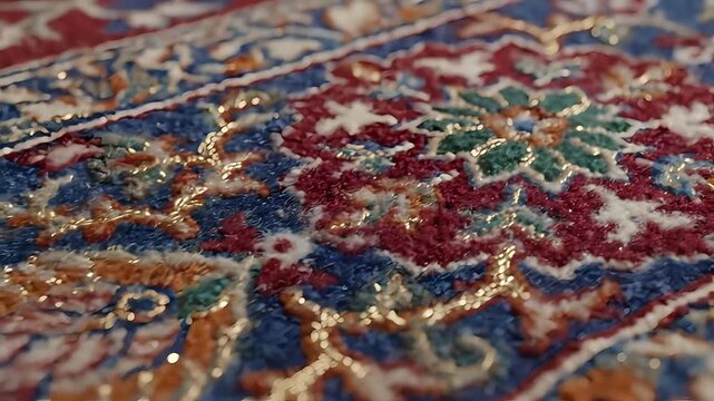 Closeup of a richly decorated Persian carpet with intricate floral patterns and shimmering threads.