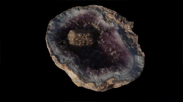 Beautiful deep purple amethyst geode isolated on black background, loop rotation