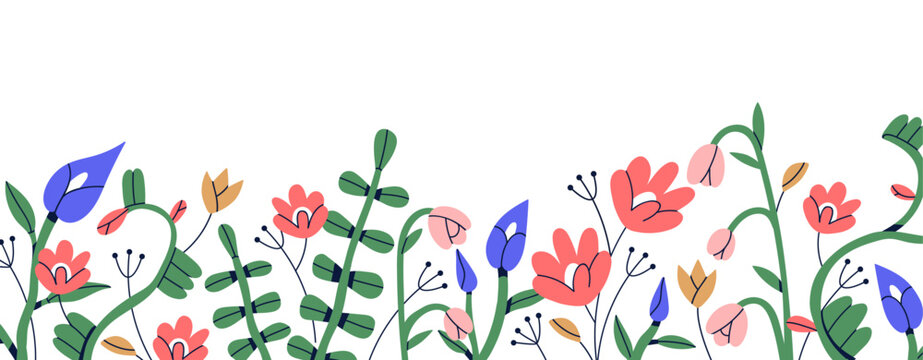 Floral border. Spring and summer flowers, leaf branches, field plants, decorative horizontal edge, nature decoration. Wildflowers pattern. Flat vector illustration isolated on white background