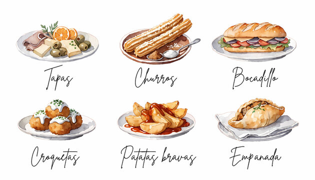 A collection of traditional Spanish tapas including churros, bocadillo, croquetas, patatas bravas, and empanada. This illustration features a watercolor style, suitable for food-related contexts.