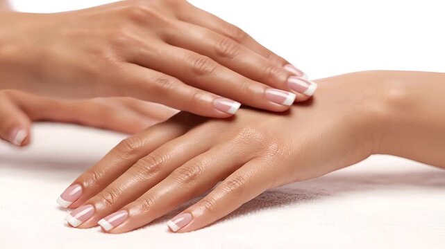 Closeup of hands receiving a gentle hand massage with French manicured nails.